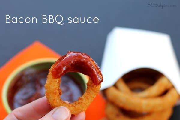 Add pieces of freshly cooked bacon to your favorite BBQ sauce and use with onion rings for easy #GameTimeGrub