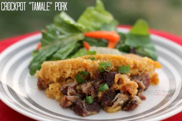 Make this tamale inspired meal right in the crockpot! The pork is so tender and delicious when covered with tamale pie!