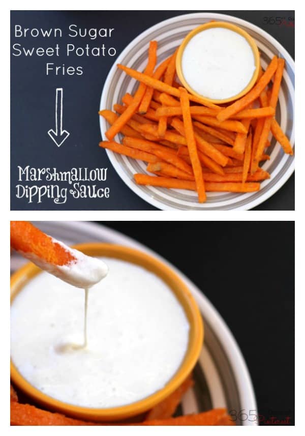 Brown Sugar Sweet Potato Fries take the best part of Thanksgiving dinner and make it easy for #GameTimeGrub this season! Marshmallow dipping sauce just sends it over the top!