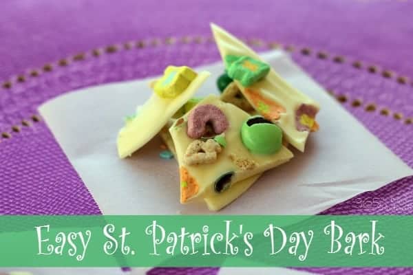A perfect snack for St. Patrick's Day, this candy bark comes together in minutes with chocolate, mint and crunchy cereal!