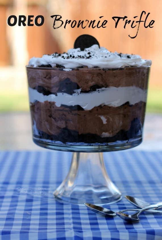 Layers of chocolate brownies, pudding, cream cheese, whipped topping and OREOs make this OREO brownie trifle beautiful and delicious! It's a perfect summer dessert!