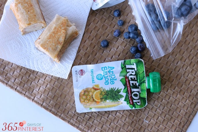treetop apple sauce pouch and sliced grilled banana peanut butter roll ups
