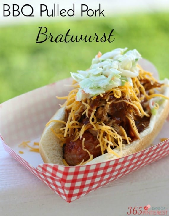 Try something different for your next BBQ and make BBQ pulled pork bratwurst instead of a boring hot dog! The crunchy slaw pulls it all together!
