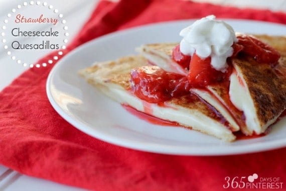 Stuffed with a creamy cheesecake filling and topped with warm strawberry syrup, these Cheesecake Quesadillas are a quick and easy treat for the family!